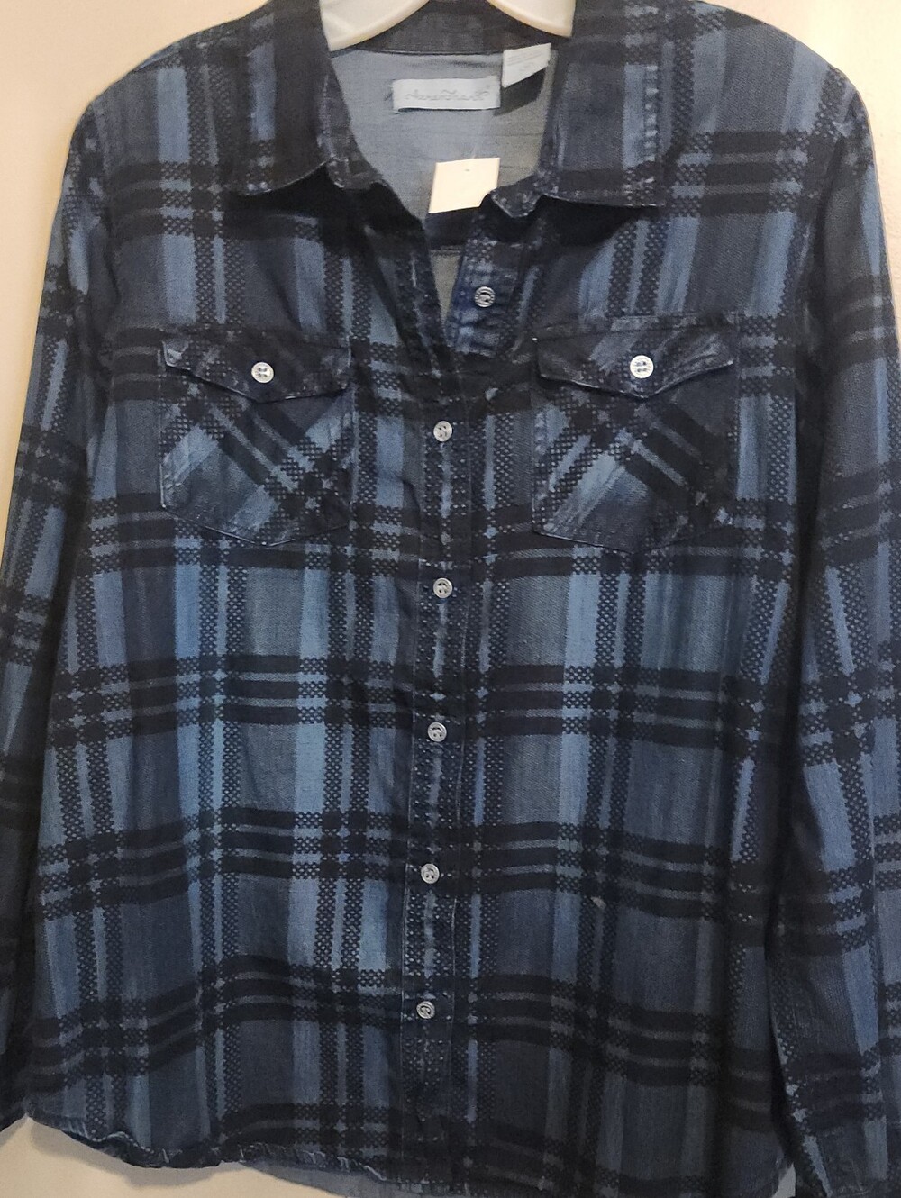 U54 Keren Hart Blue & Black Button Up Long Sleeve Plaid Shirt
